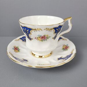 Royal Windsor Blue White Gold Floral Numbered Pedestal Teacup Saucer-Set